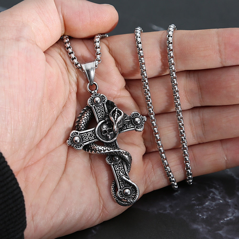 Skull And Dragon Cross Pendant Necklace