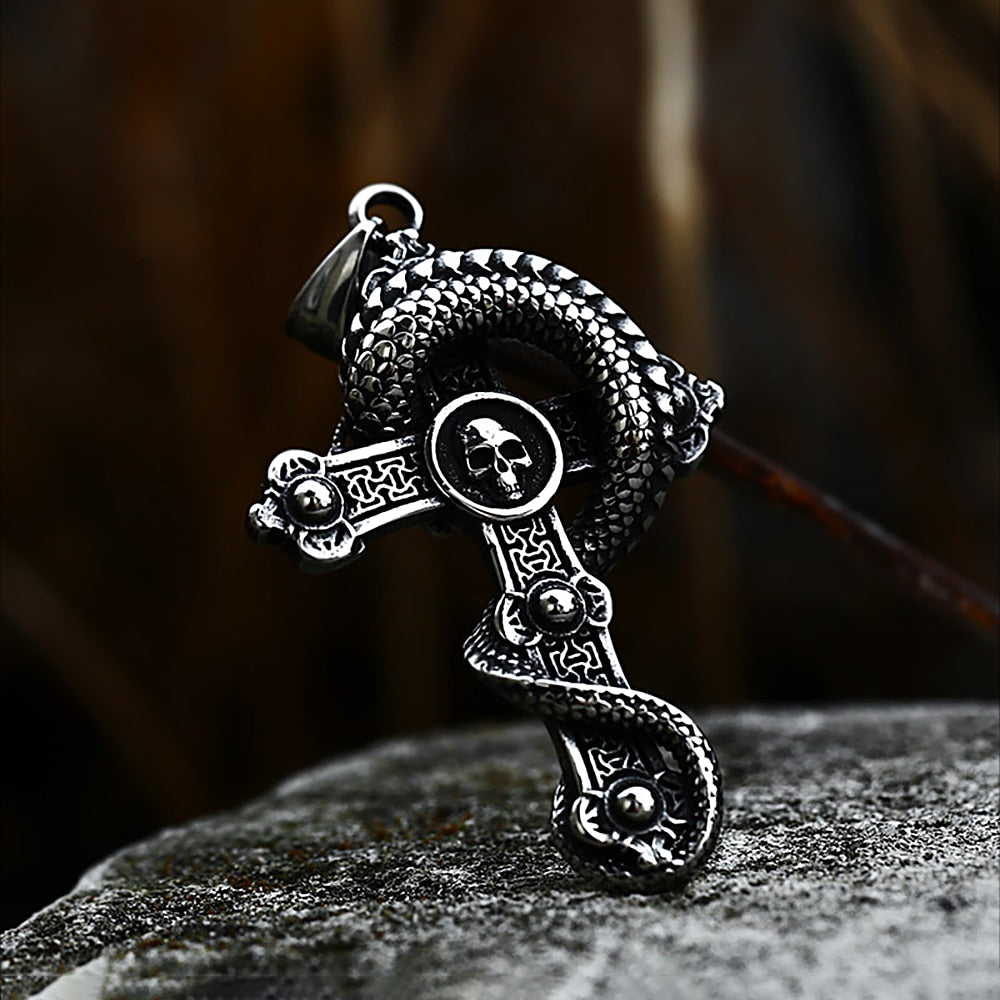 Skull And Dragon Cross Pendant Necklace