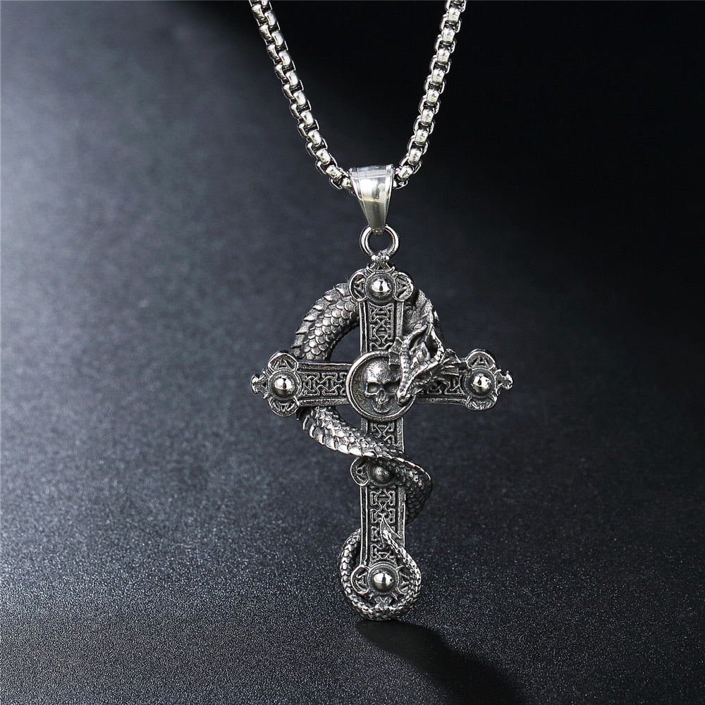 Skull And Dragon Cross Pendant Necklace