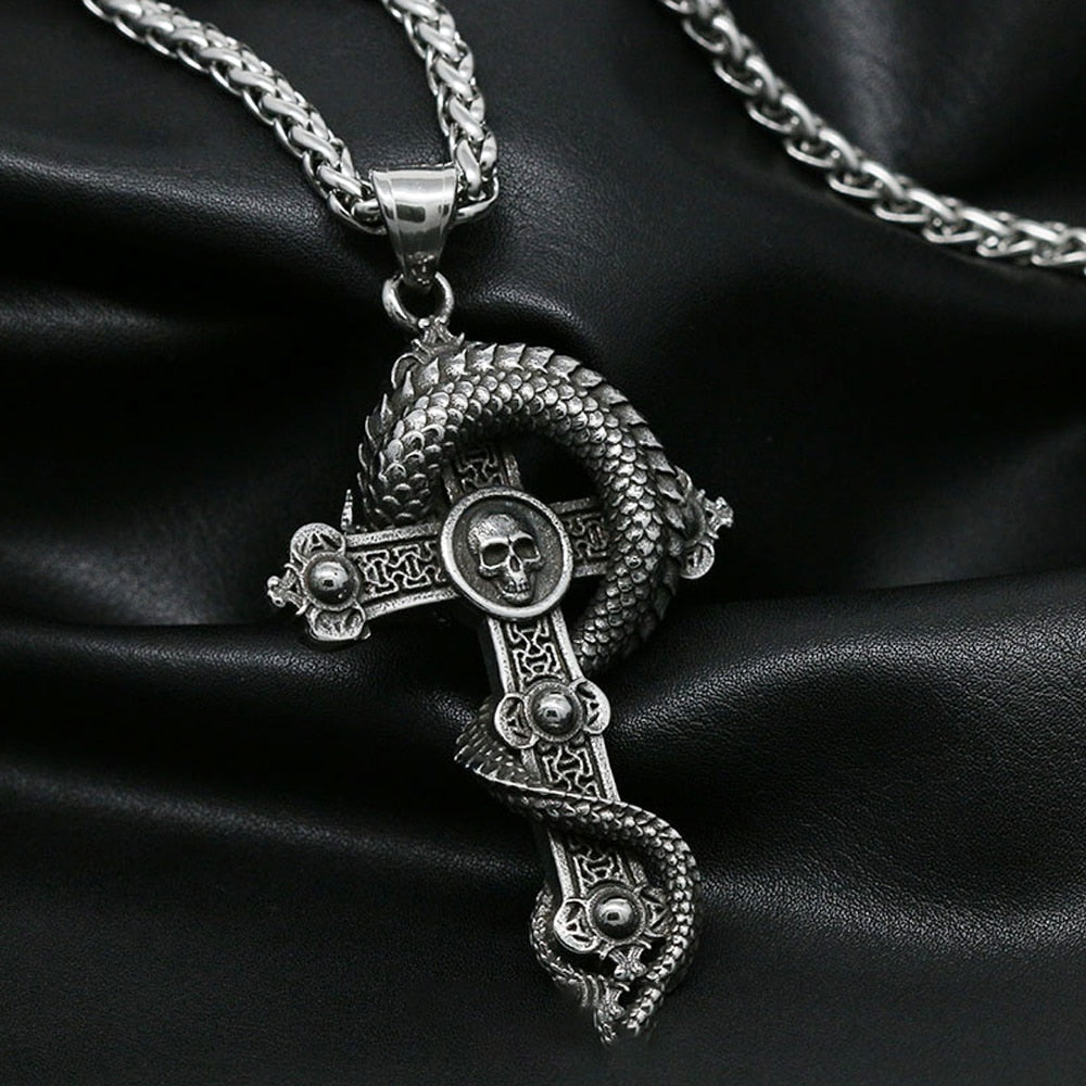 Skull And Dragon Cross Pendant Necklace