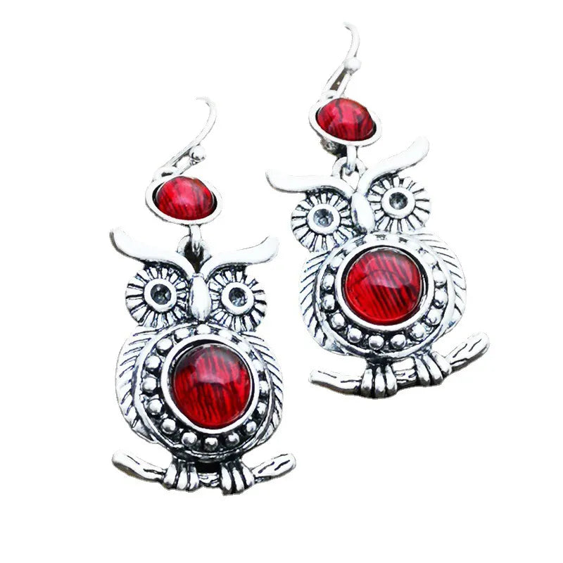 Owl Red Stone Silver Color Earrings