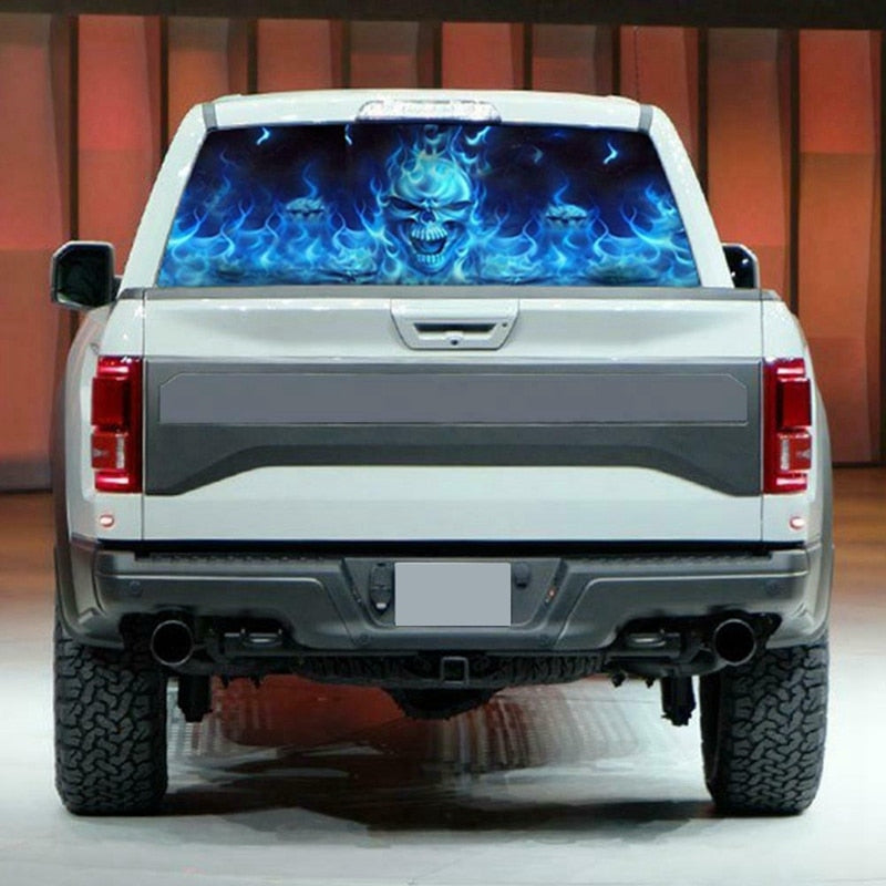Blue Flaming Skull 3D Rear Windshield Decal Sticker