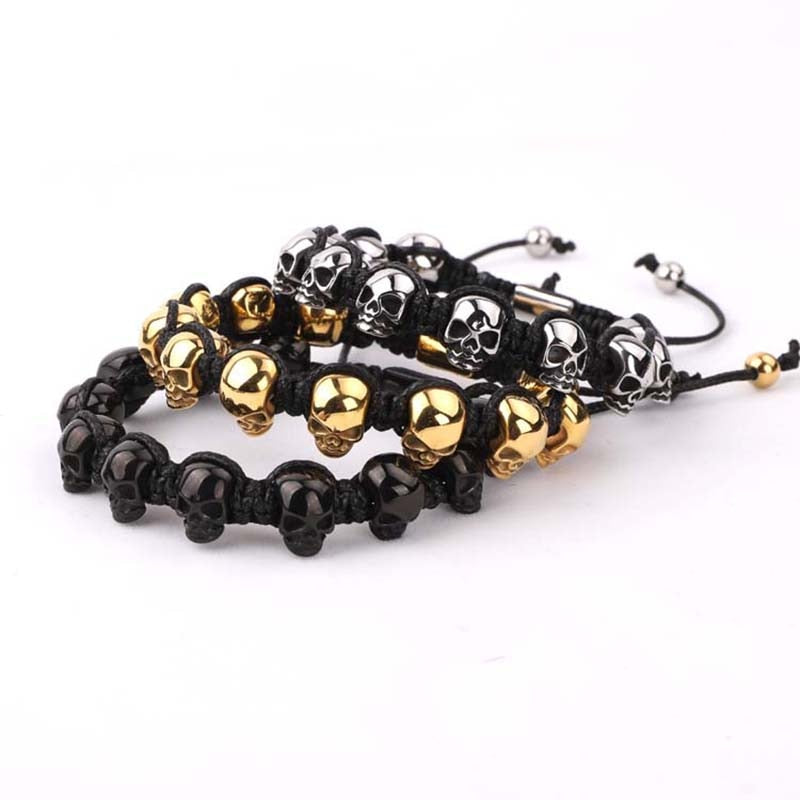 Stainless Steel Skull Braided Wrap Beads Bracelet