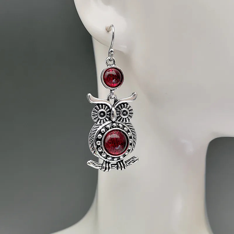Owl Red Stone Silver Color Earrings