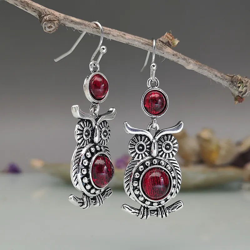 Owl Red Stone Silver Color Earrings
