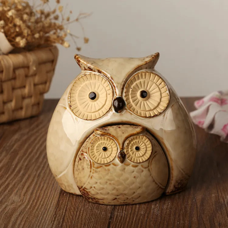 Owl Mother And Child Statue Ceramic