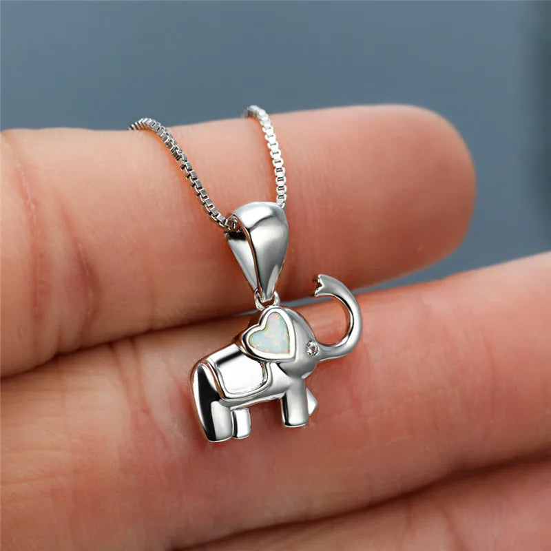 Elephant Heart White Blue Opal Pendant Necklace