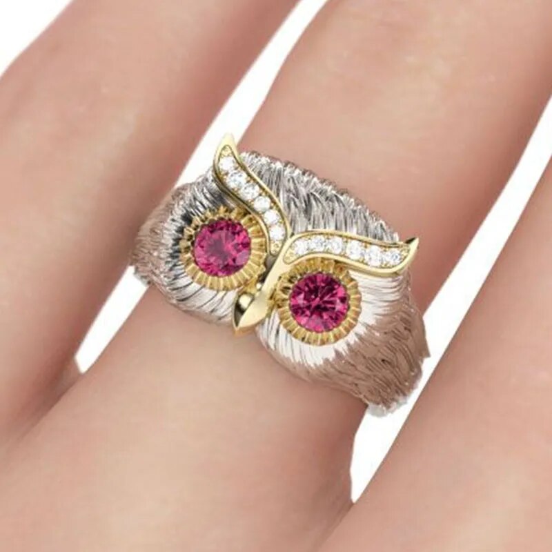 Owl Silver Color Crystal Ring