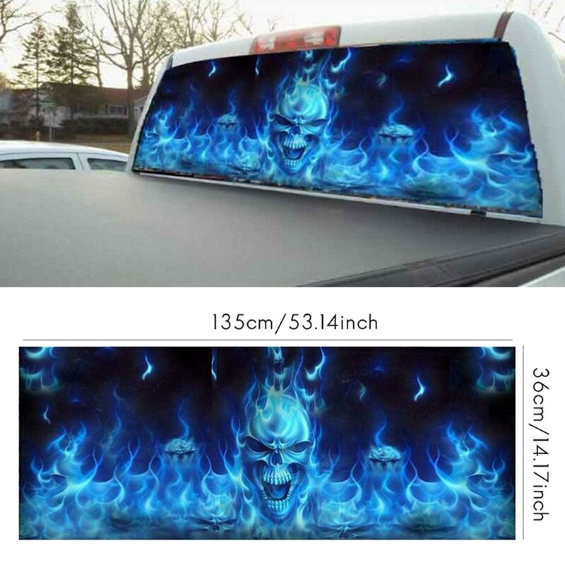 Blue Flaming Skull 3D Rear Windshield Decal Sticker