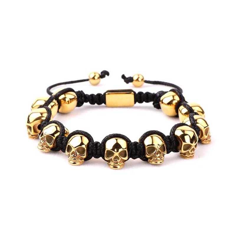 Stainless Steel Skull Braided Wrap Beads Bracelet
