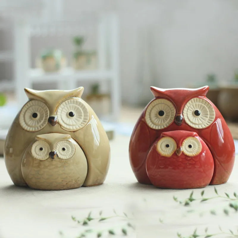 Owl Mother And Child Statue Ceramic
