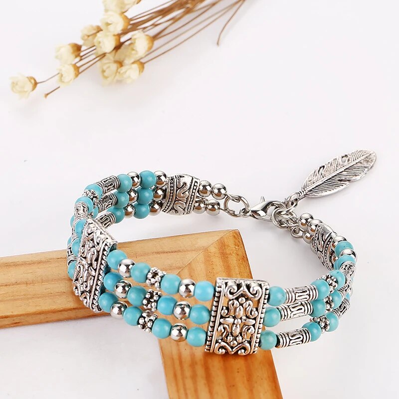 Native Stone Beaded Feather Bracelet