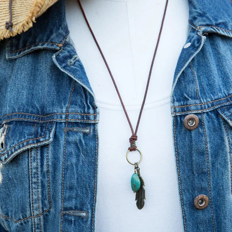 Native Turquoise Antique Brass Feather Necklace