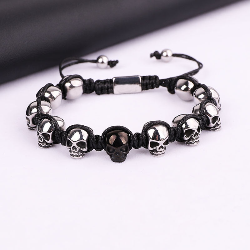 Stainless Steel Skull Braided Wrap Beads Bracelet