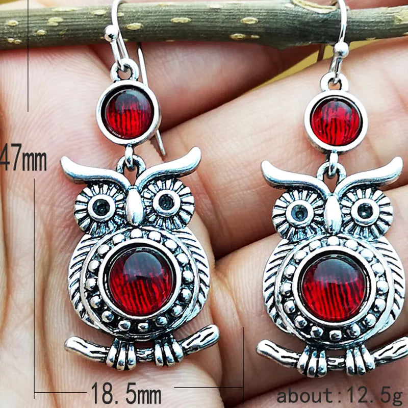 Owl Red Stone Silver Color Earrings