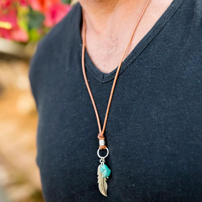 Native Turquoise Antique Brass Feather Necklace