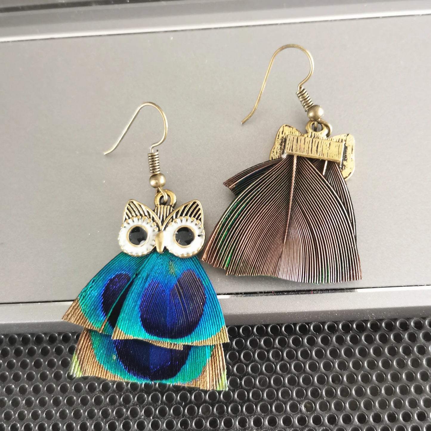 Owl Earrings With Peacock Feather