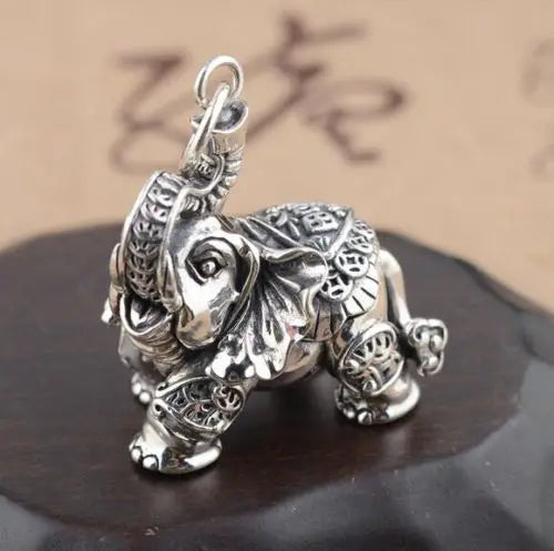 Elephant Exquisite Silver Carving Animal Small Pendant Statues