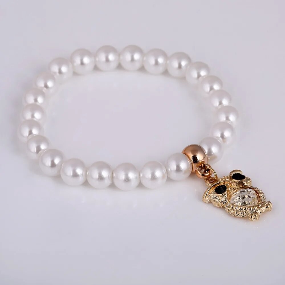 Owl Crystal Pendant Pearl Beaded Chain Bracelet