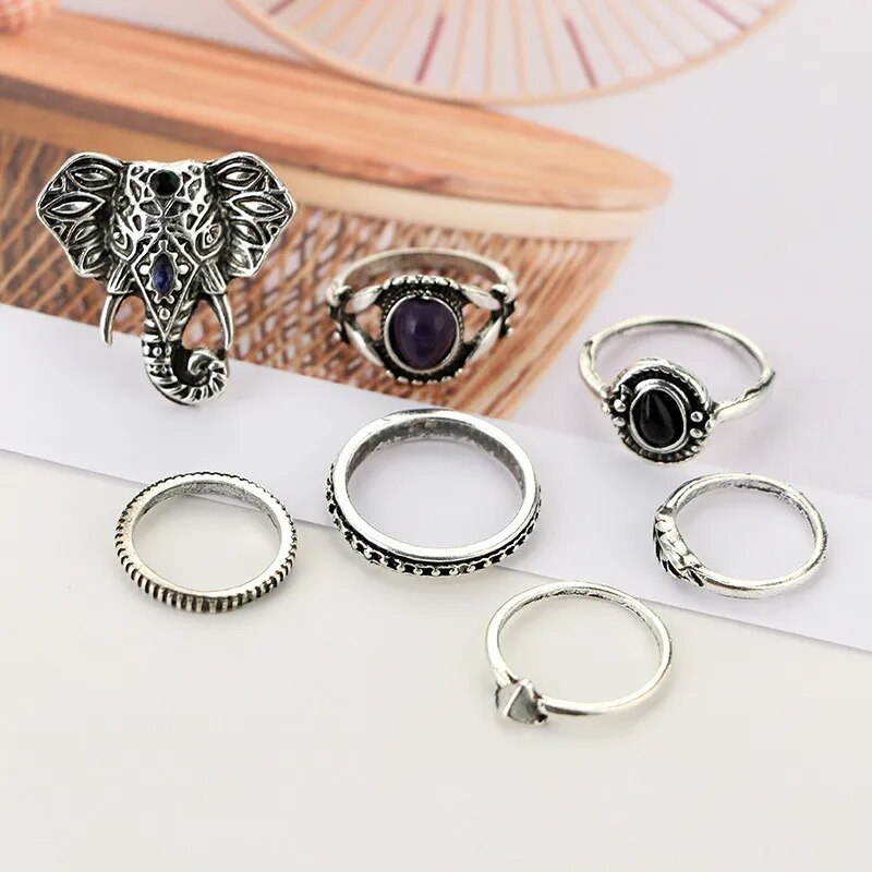 Elephant Boho Ring Set Carved