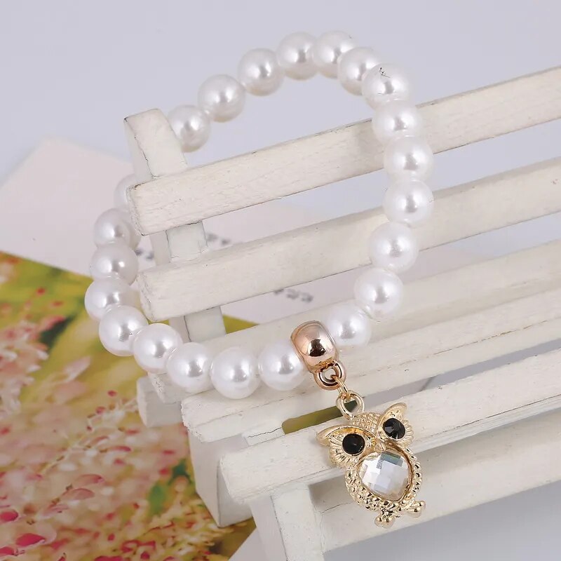 Owl Crystal Pendant Pearl Beaded Chain Bracelet