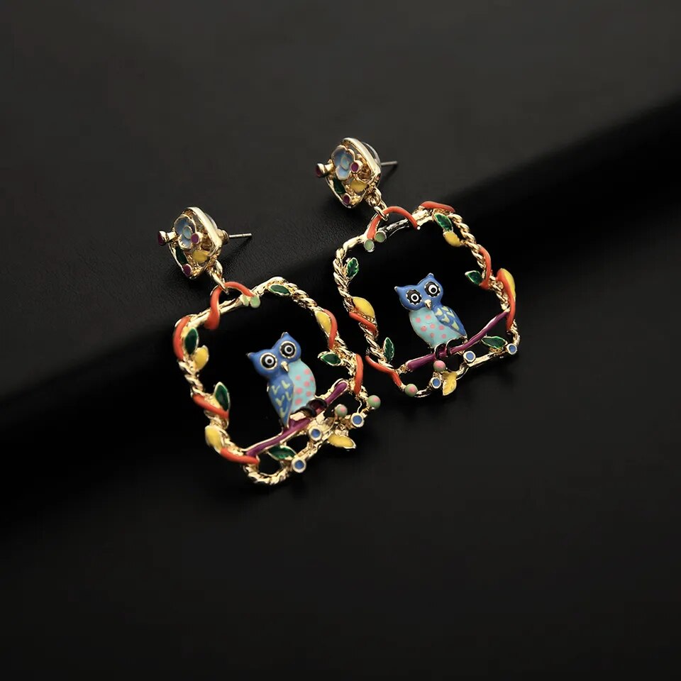 Owl Flower Metal Drop Earring