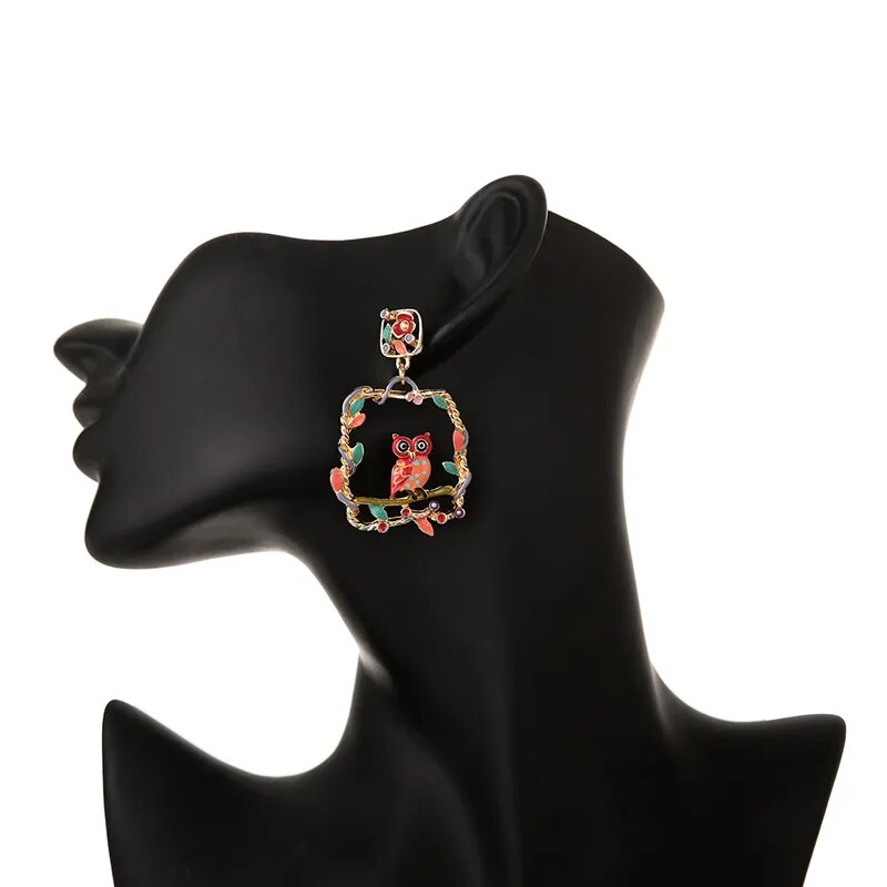 Owl Flower Metal Drop Earring
