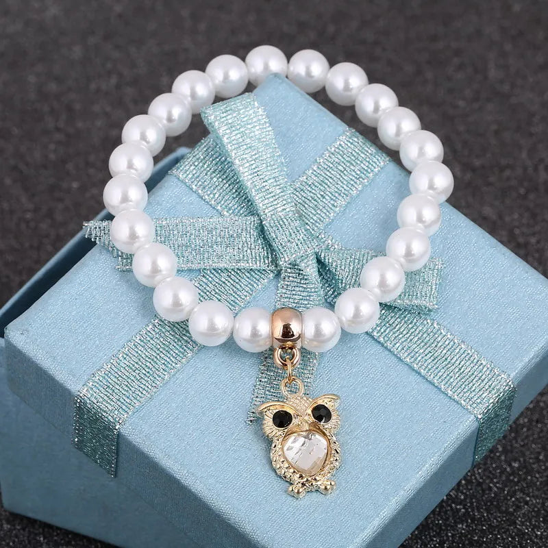 Owl Crystal Pendant Pearl Beaded Chain Bracelet