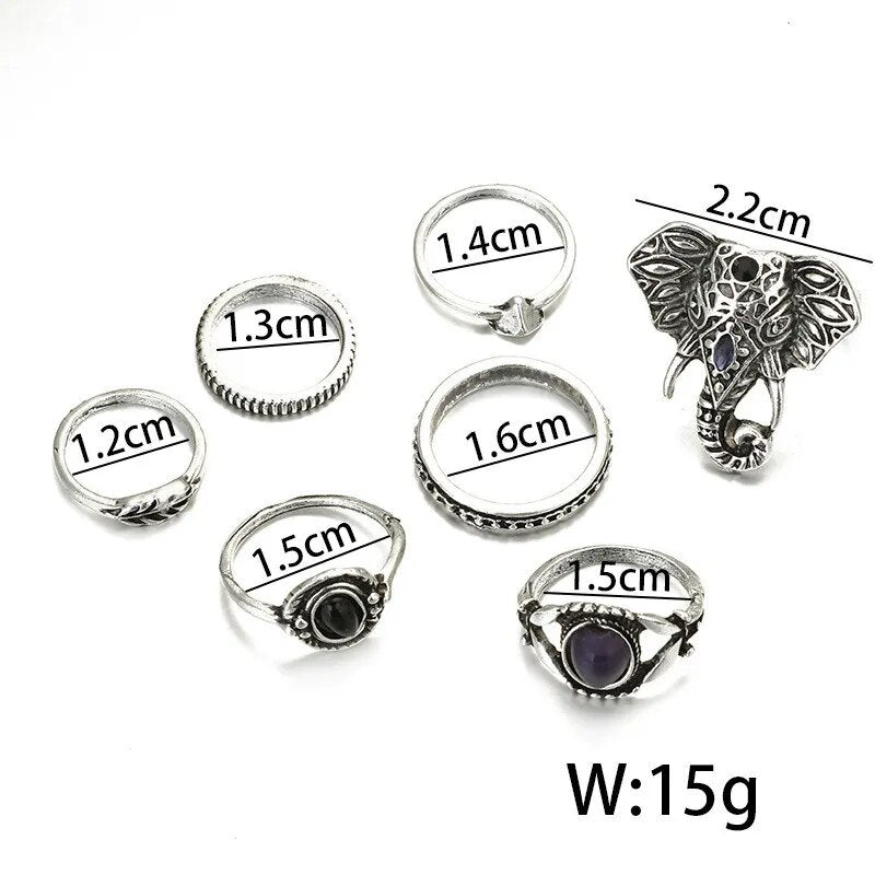 Elephant Boho Ring Set Carved