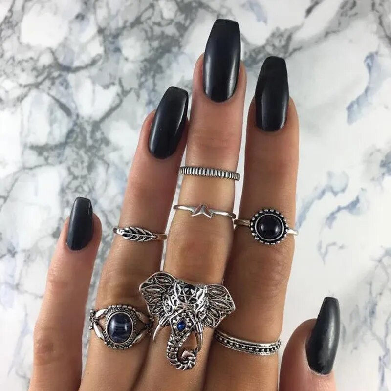 Elephant Boho Ring Set Carved
