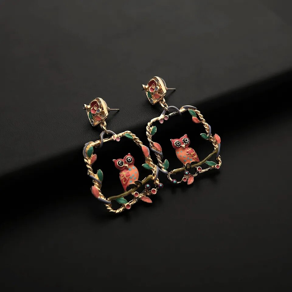 Owl Flower Metal Drop Earring
