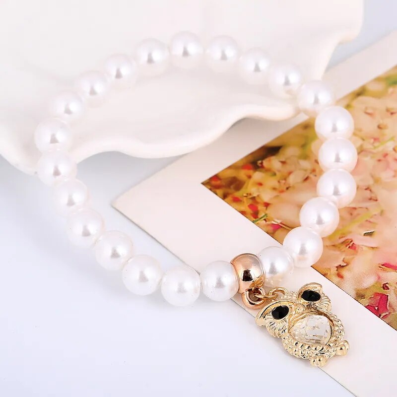 Owl Crystal Pendant Pearl Beaded Chain Bracelet