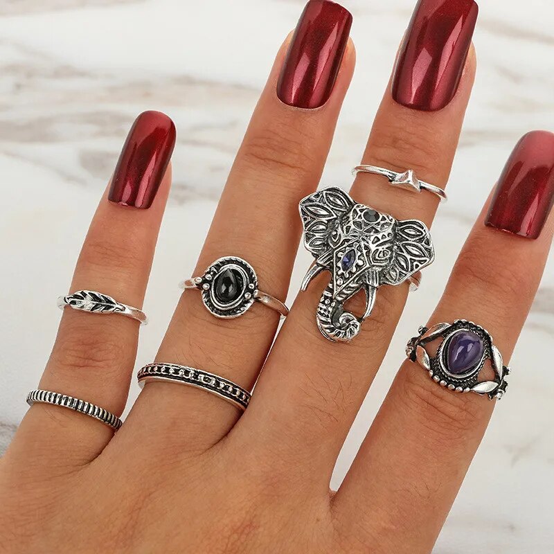Elephant Boho Ring Set Carved
