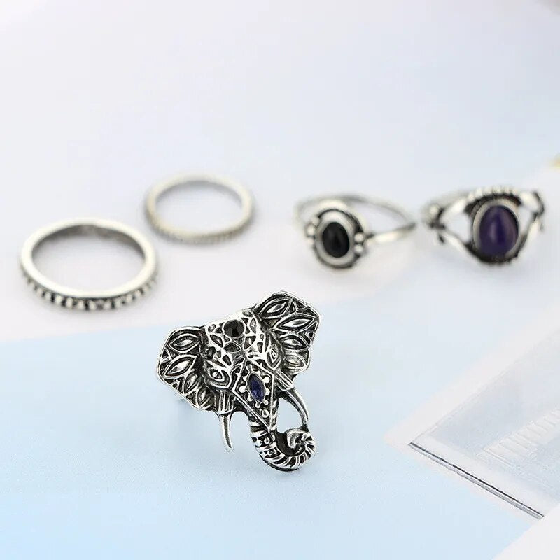Elephant Boho Ring Set Carved