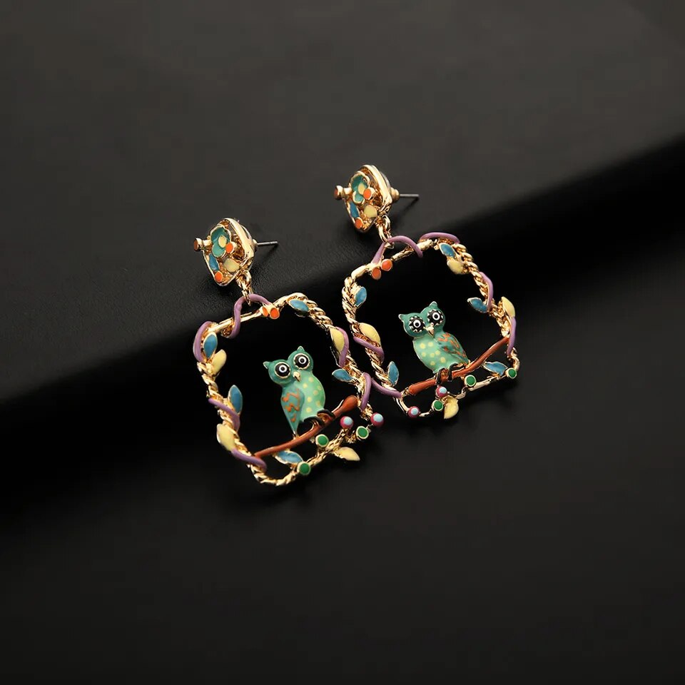 Owl Flower Metal Drop Earring