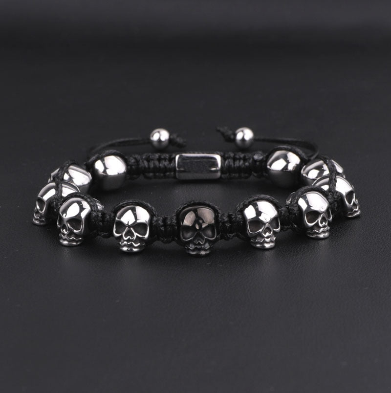 Stainless Steel Skull Braided Wrap Beads Bracelet