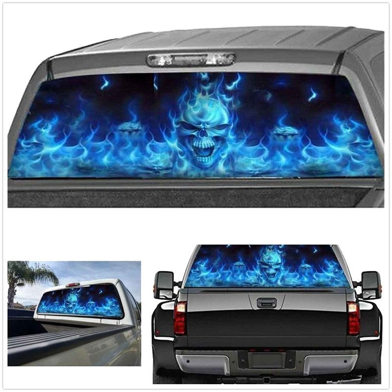 Blue Flaming Skull 3D Rear Windshield Decal Sticker