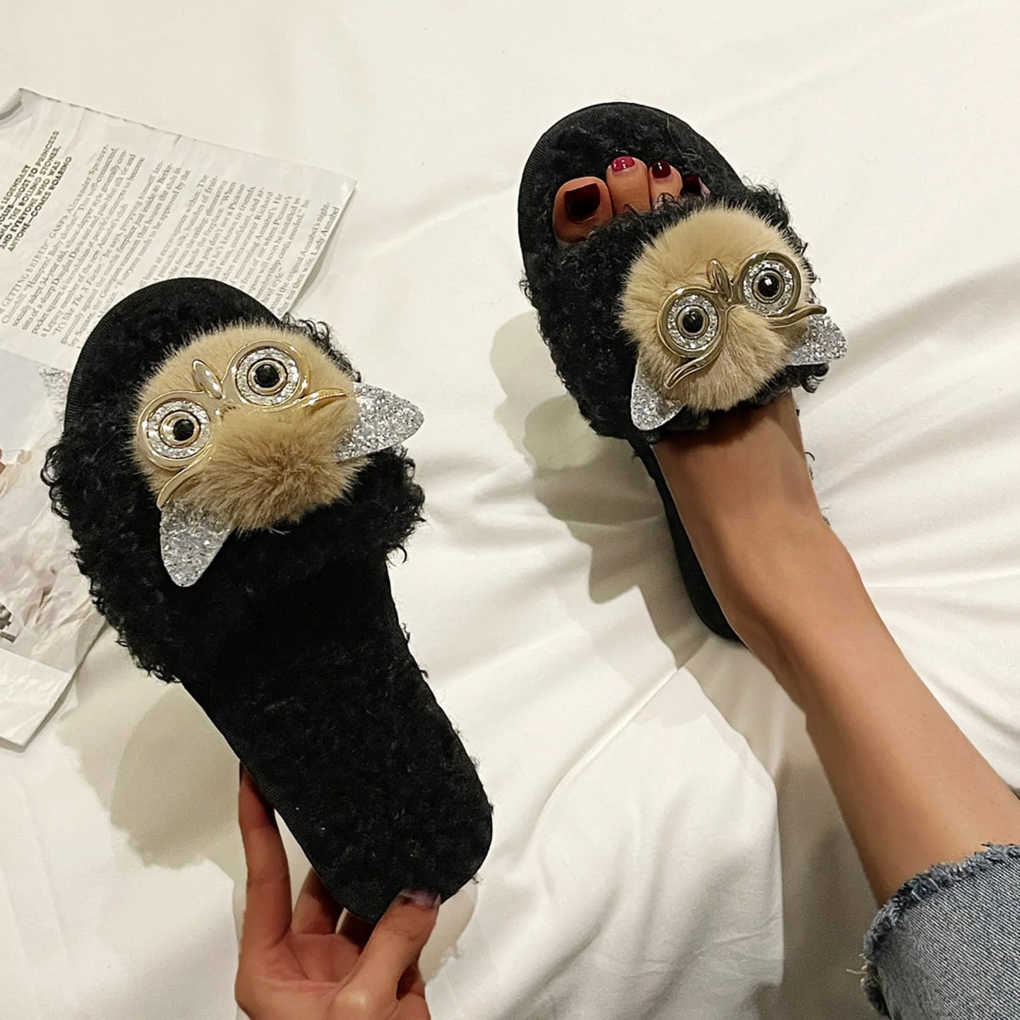 Owl Cotton Slippers Winter Warm