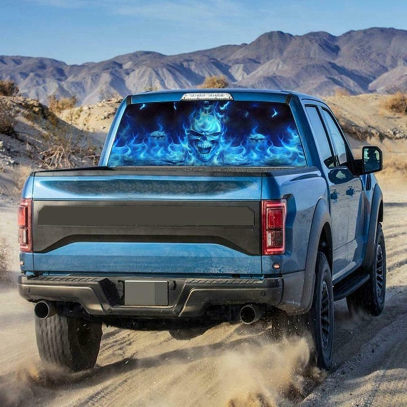 Blue Flaming Skull 3D Rear Windshield Decal Sticker