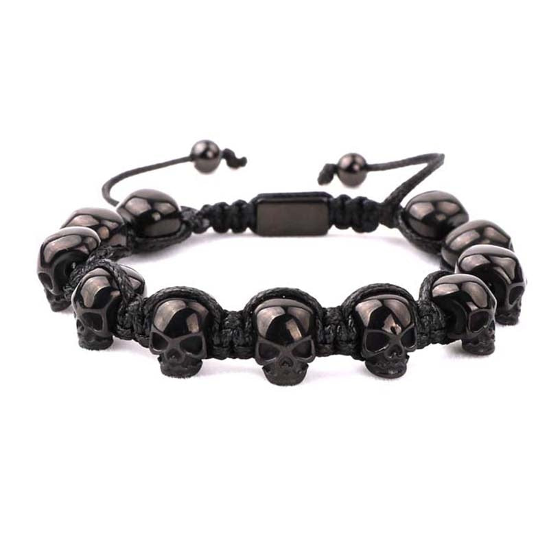 Stainless Steel Skull Braided Wrap Beads Bracelet