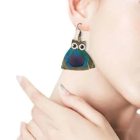 Owl Earrings With Peacock Feather