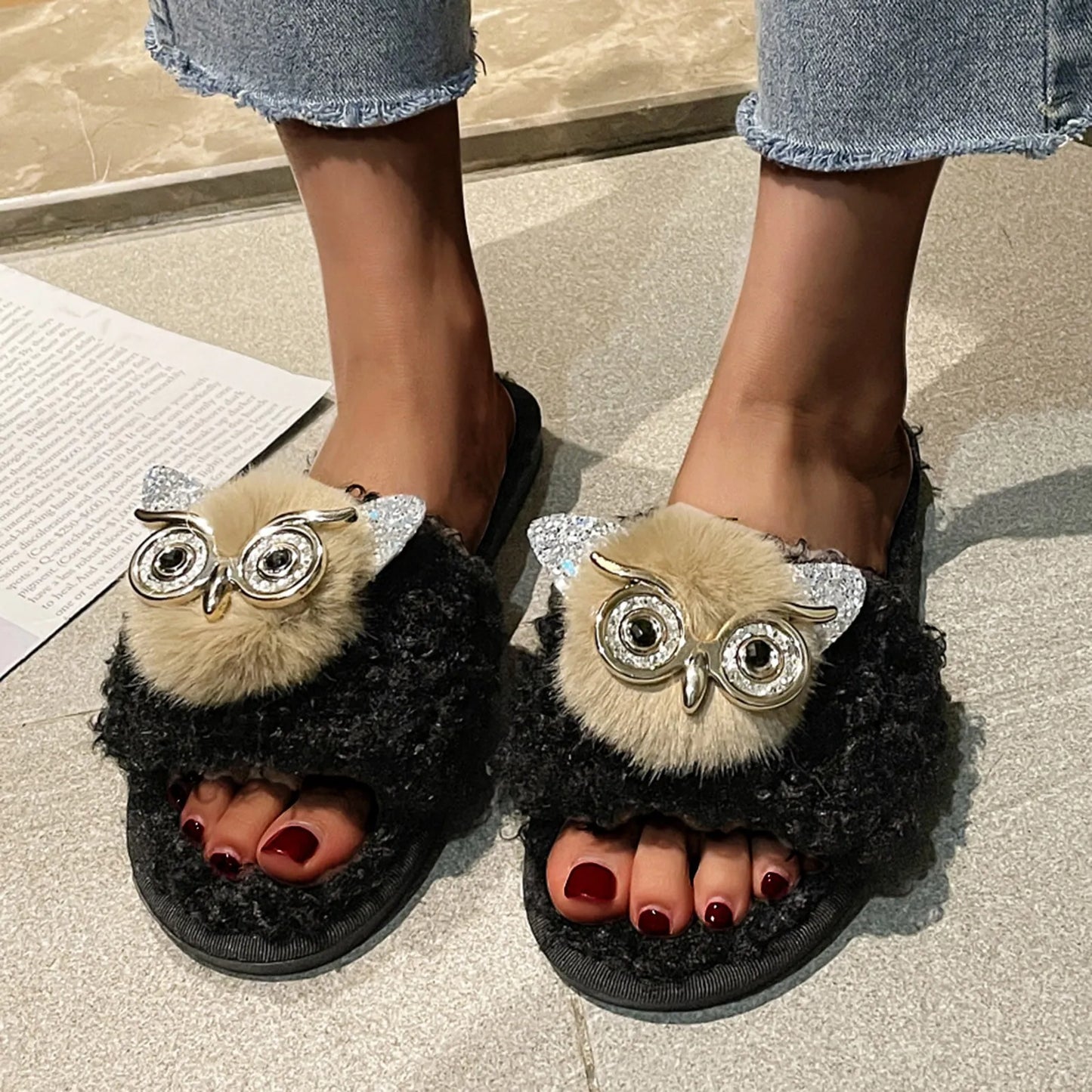 Owl Cotton Slippers Winter Warm