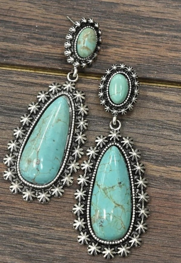 Native Silver Plated Turquoise Earrings Drop Shape