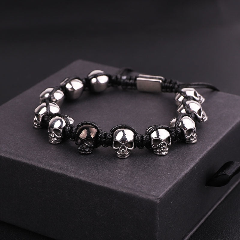 Stainless Steel Skull Braided Wrap Beads Bracelet