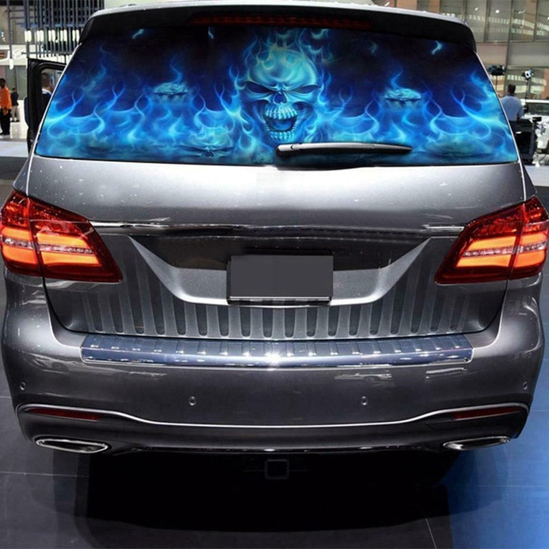 Blue Flaming Skull 3D Rear Windshield Decal Sticker