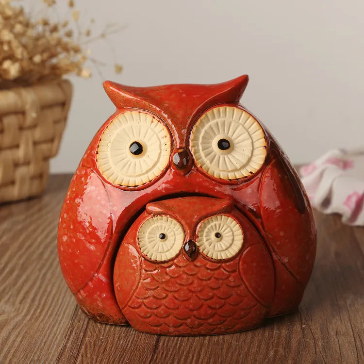 Owl Mother And Child Statue Ceramic