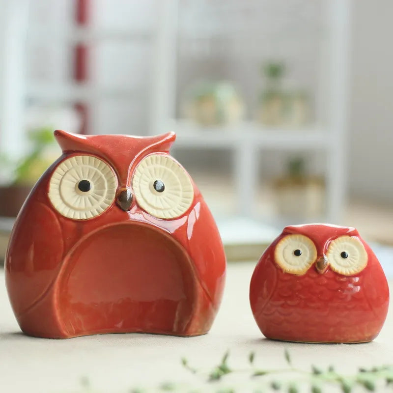 Owl Mother And Child Statue Ceramic