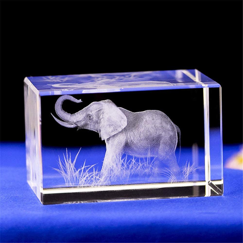 Elephant Figurines Crystal 3D Laser Etched Glass Cube Engraving