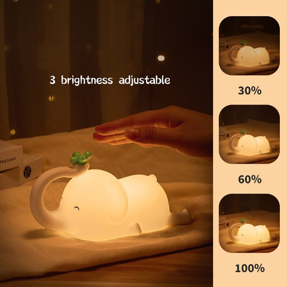 Cute Elephant Night Light Silicone Touch Dimmable Timing USB Rechargeable