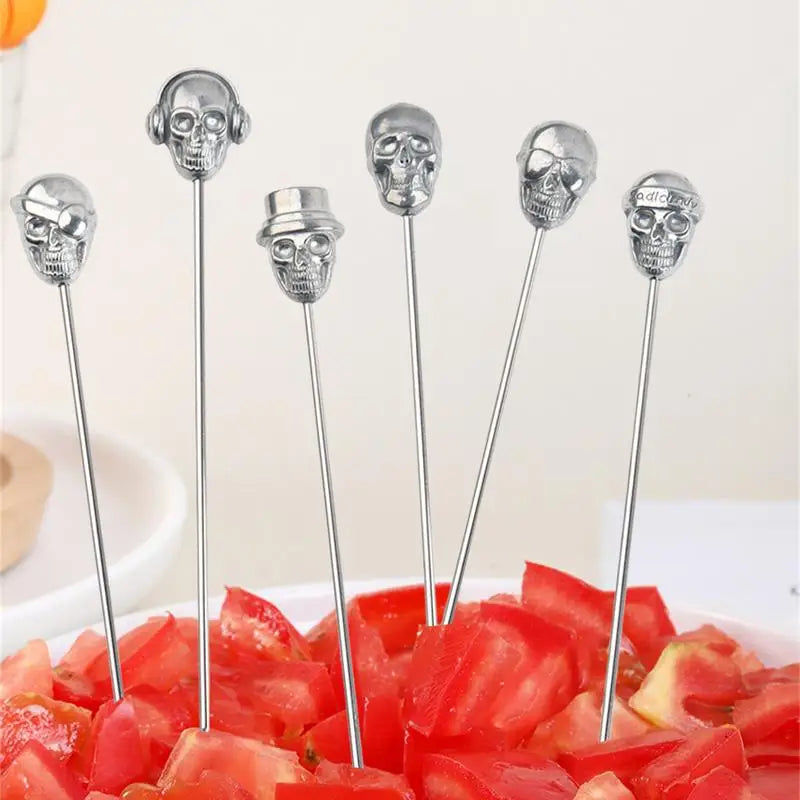 Skull Garnish Skewer Silver Fruit Stainless Steel Reusable